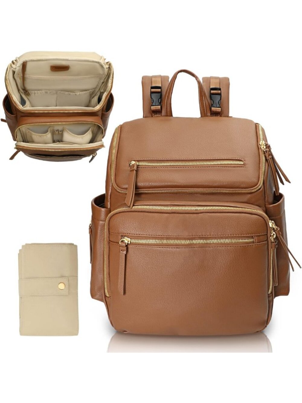 Large Leather Diaper Bag Backpack with 17 Organizing Pouches & Insulated Pockets